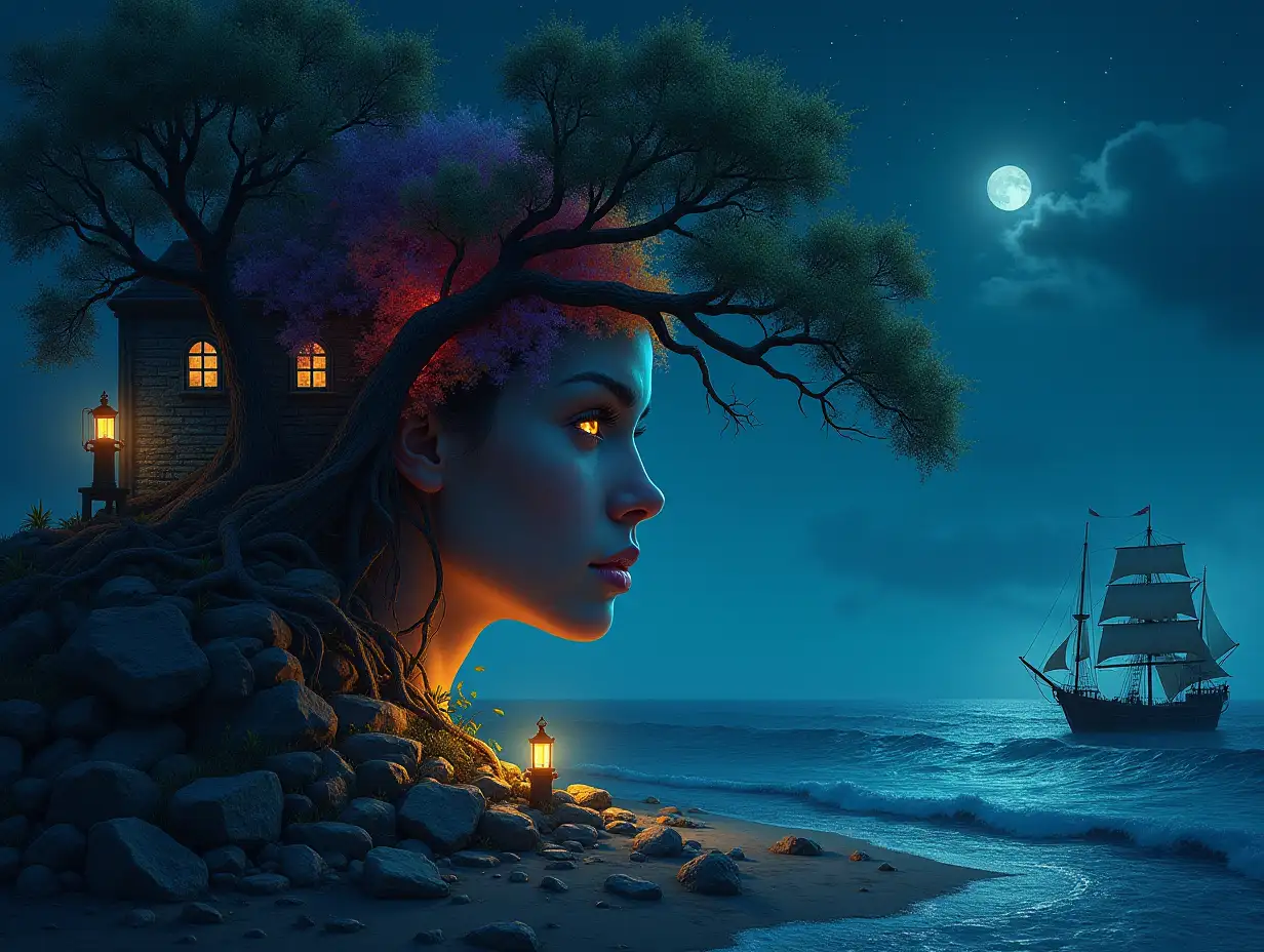 Creating a Digital painting face with rainbow hair turning into building with stones and lighting trees with roots and rocks and lantern at the sea,with large sailboat lit and very big waves strange creatures-in the night 