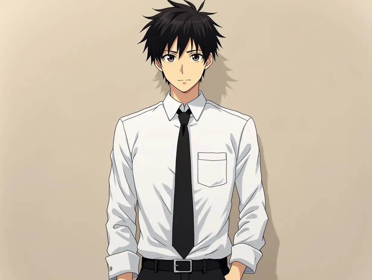 a man in a white shirt and black tie, shinji ikari, proper human male proportions, kaworu nagisa, anime joe biden, anime elon musk, kaneki ken, in my hero academia, hajime yatate, mob psycho 100, from cryptid academia, spike spiegel, ken kaneki, best anime character design, levi ackerman