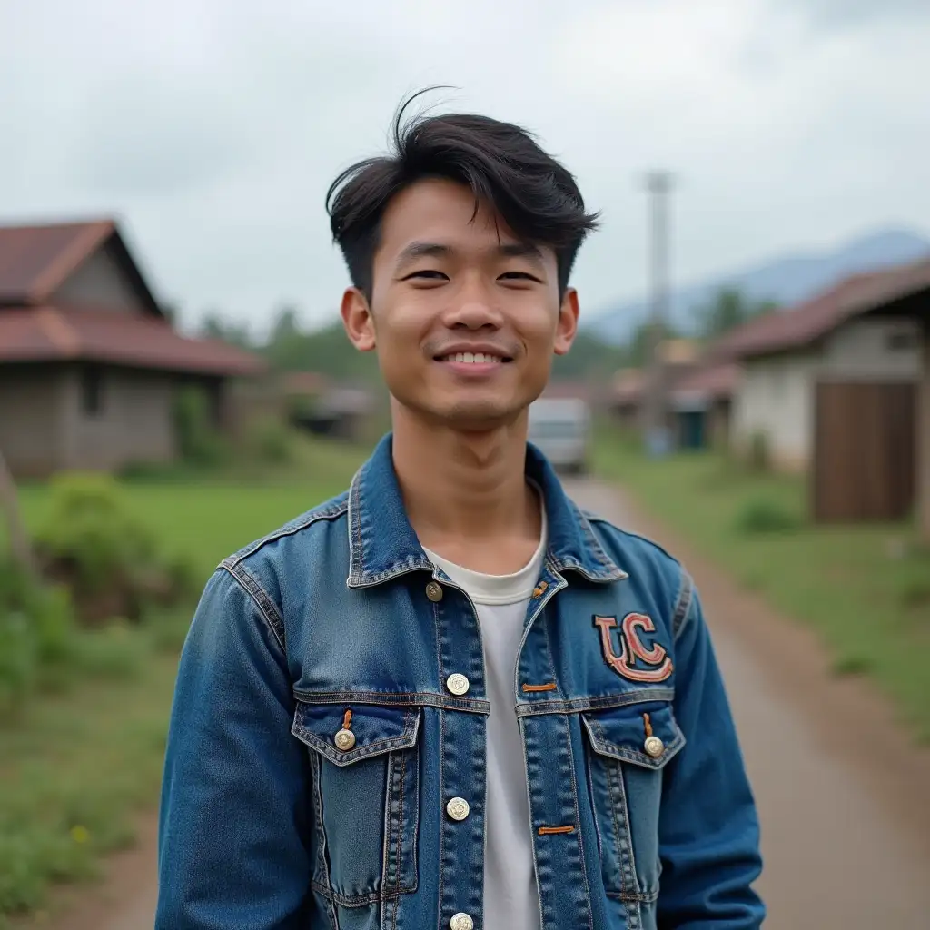 A 30-year-old white-skinned Indonesian man wearing a blue jeans jacket with 'UC' on it, against a village backdrop