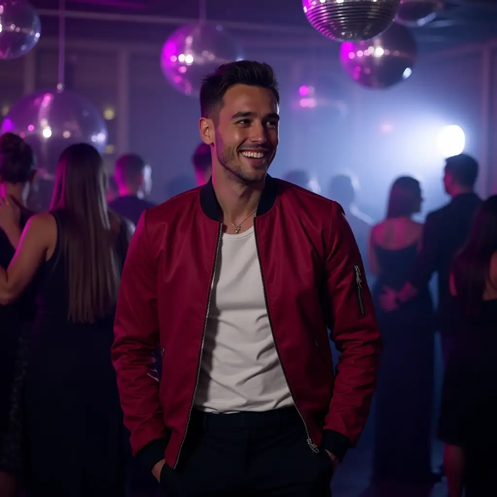 A striking European model with real skin texture stands out in a dimly lit club, wearing a trendy marron bomber jacket, styled over a sleek white shirt. The jacket’s color pops under the focused white spotlight, creating a bold yet sophisticated look. He pairs it with fitted black trousers, completing the modern, high-energy ensemble. The background is minimalistic, with disco balls with no people visible, emphasizing the model and his stylish attire. Subtle glimmers of purple, blue, and silver party lights dance across the dark club walls, creating a celebratory yet refined atmosphere. Metallic accents and faint reflections from disco-inspired elements add depth and texture to the scene. The model is captured mid-pose, as if in the midst of enjoying the dance. The sharp focus on his outfit and cheerful expression ensures he dominates the frame, blending the essence of a high-fashion editorial with the electrifying energy of a private, upscale party setting.