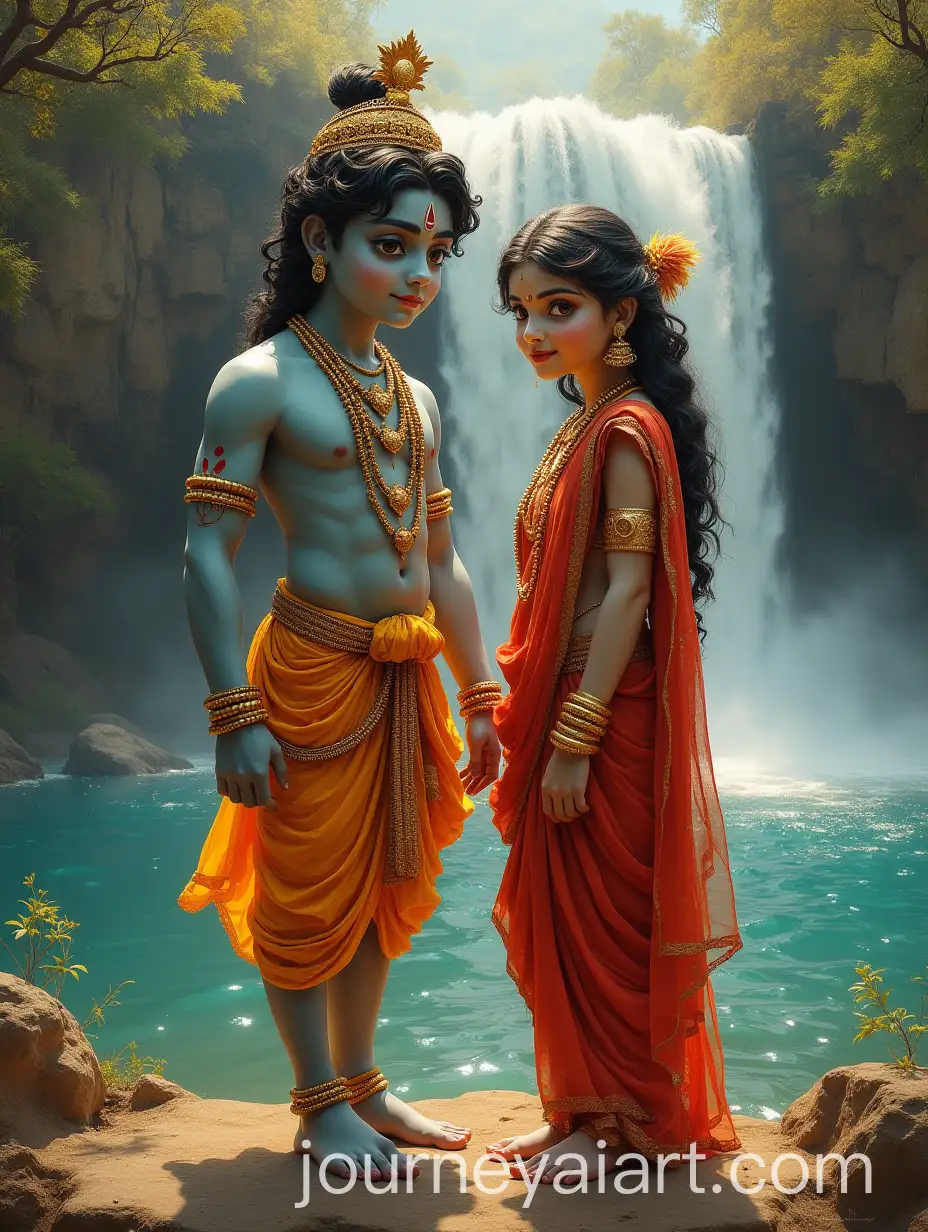 Divine-Krishna-and-Radha-at-a-Turquoise-Waterfall-with-Golden-Sunlight
