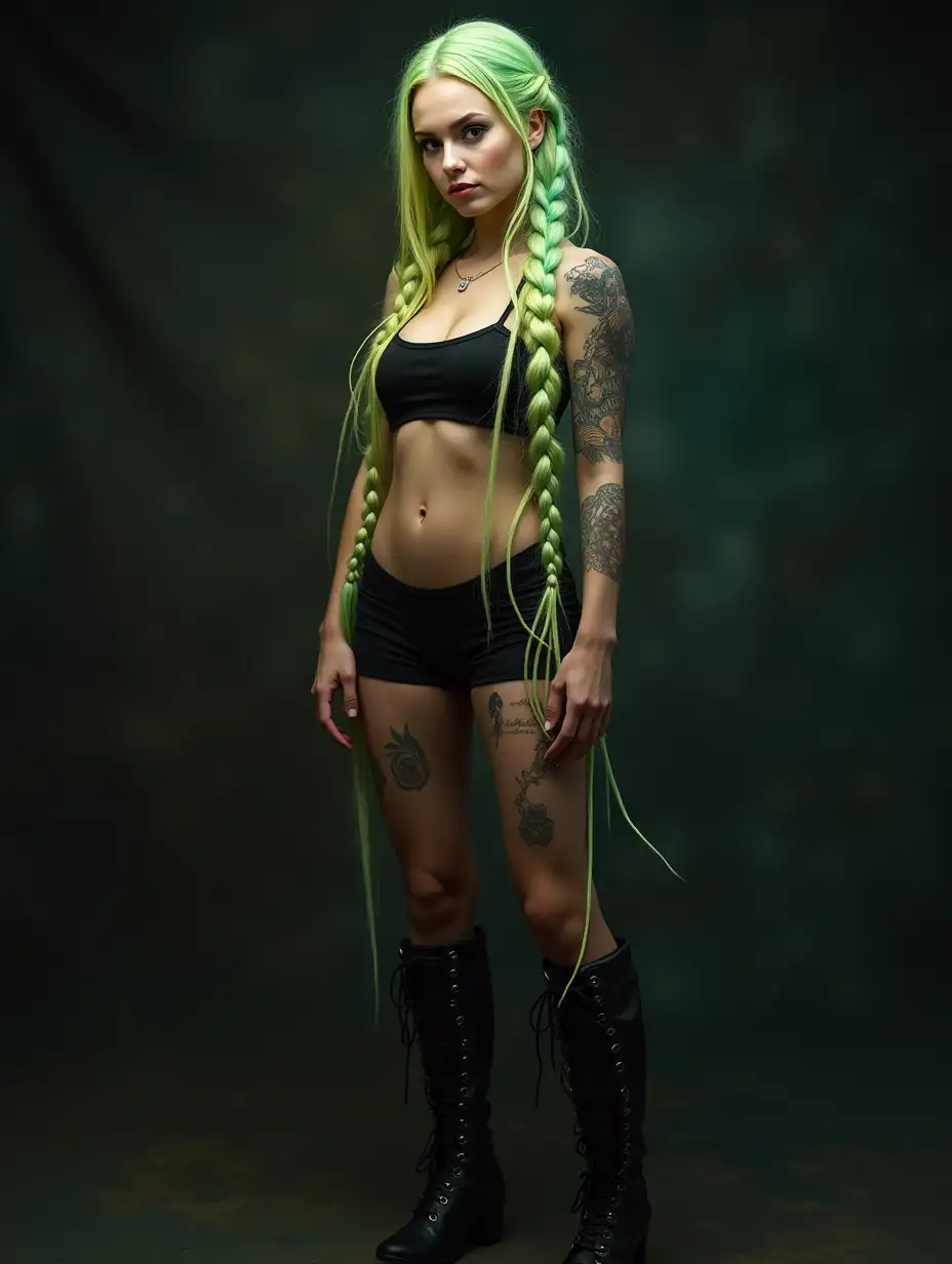 Depiction of a beautiful white woman with tattoo, long mixed green-yellow braided hair in a futuristic style and laced boots, Blurry black background (120mm) shot poster