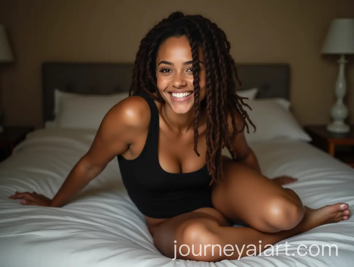 Smiling-Woman-with-Brown-Dreadlocks-Lying-on-Bed-in-Black-Tank-Top