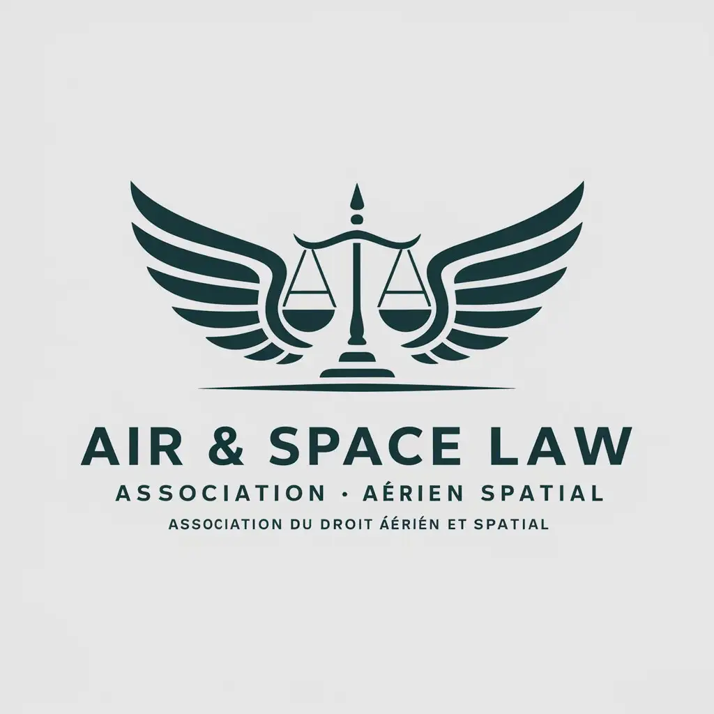 a vector logo design,with the text "Air & Space Law Association - Association du droit aérien et spatial", main symbol:flying wings scales of justice,Moderate,clear background