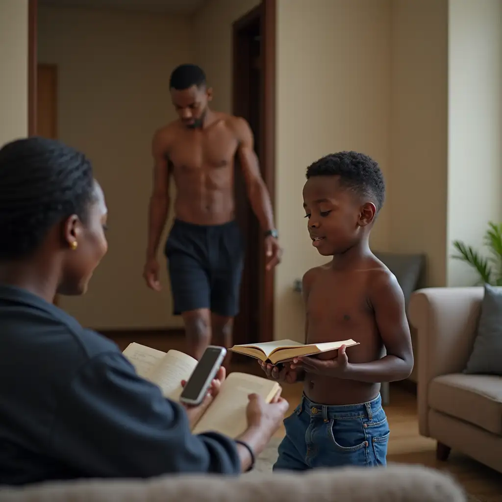 shirtless little black boy blue short bareteet holding an open book talking to black woman with clothes with iphone in hands in hands sitting in livingroom and a shirtless black men walking in the livingroom