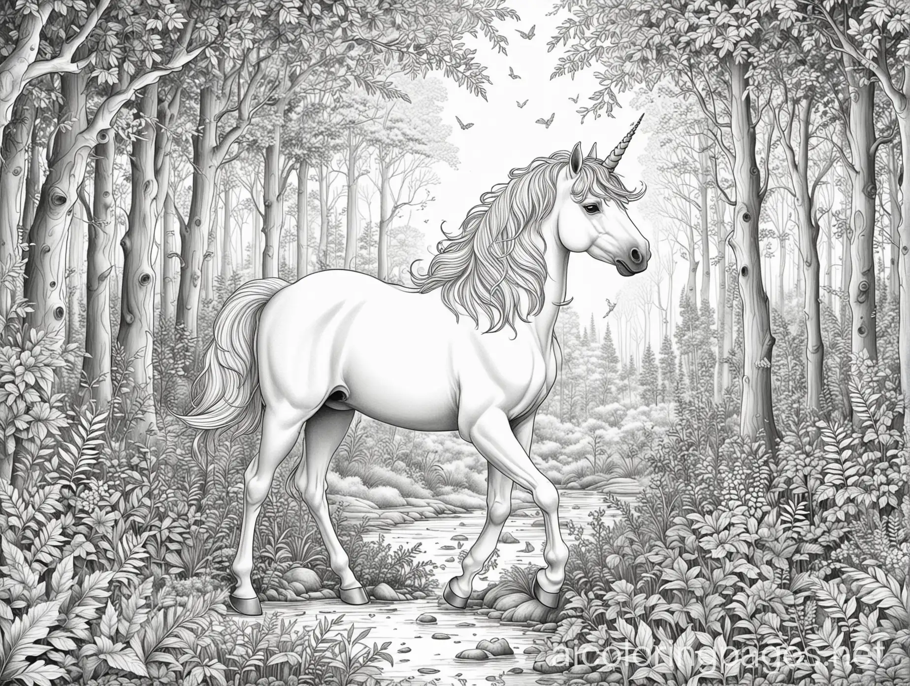 Unicorn in magical forest, Coloring Page, black and white, line art, white background, Simplicity, Ample White Space. The background of the coloring page is plain white to make it easy for young children to color within the lines. The outlines of all the subjects are easy to distinguish, making it simple for kids to color without too much difficulty