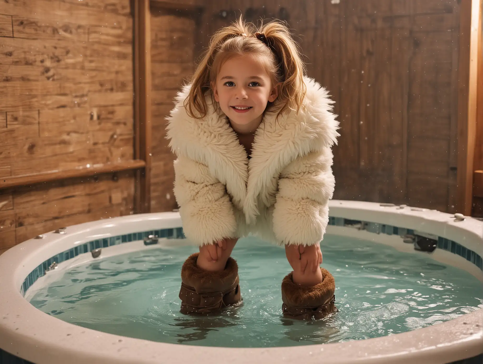 (((((masterpiece))))))((((((best quality)))))) adorable  young girl, ((wearing a thick fluffy fur coat and fur boots)) about to enter the hot tub, (((fine fur)))