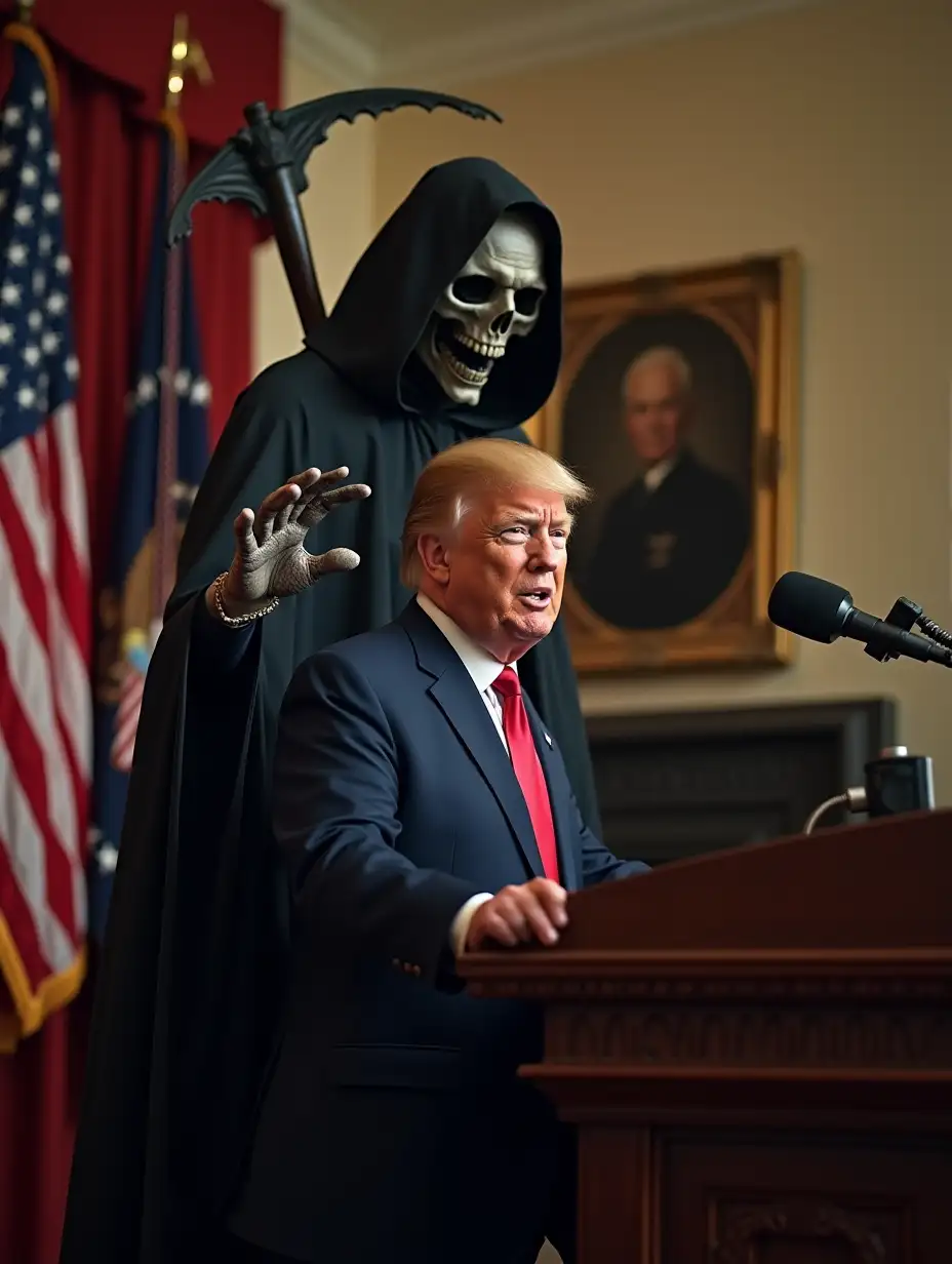 the grim reaper standing behind president donald trump as he gives a hate filled speech in the oval office, reaching toward him ominously.