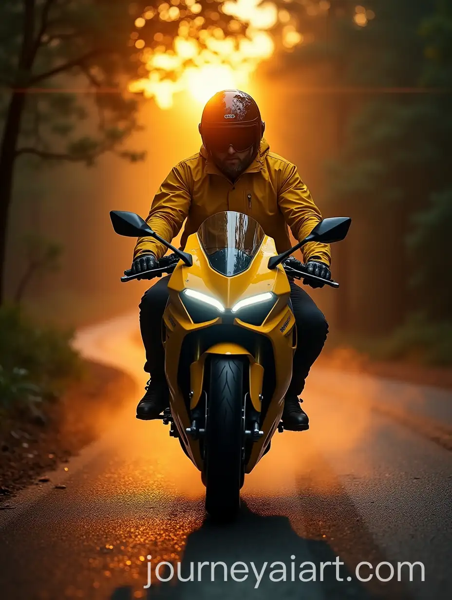 Rugged-BAI-Image-Prompt-Expansioniker-Riding-Yellow-Ducati-Motorcycle-Through-Forest-at-Sunset
