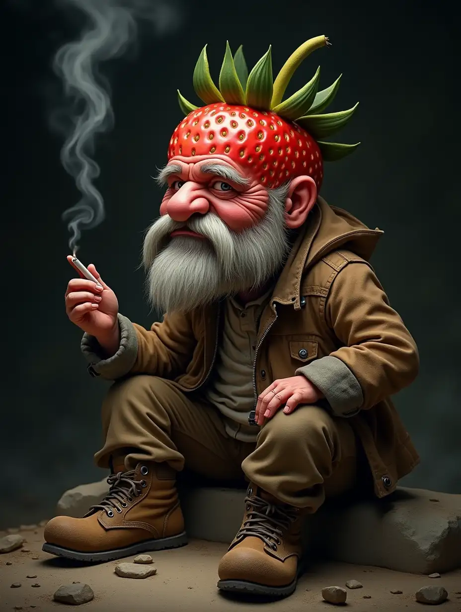 A hyper-realistic depiction of a grizzled, rugged gnome-like character with strawberry-like features. The gnome’s head is textured like a ripe strawberry, complete with realistic seeds embedded in the skin, and topped with a crown of green leaves and a protruding stem. His weathered face shows wrinkles and a bushy, white mustache that contrasts against the vibrant red surface of his head. He sits casually on a rocky terrain, dressed in a worn and dirt-stained brown jacket, with rugged pants and well-used boots that suggest a hard-working lifestyle. In one hand, he holds a lit cigarette, with thin wisps of smoke curling into the dark, earthy surroundings. The lighting is soft, highlighting the glossy texture of the strawberry skin and the worn details of his clothing, creating a gritty yet fantastical atmosphere that blends realism with whimsy. The setting is moody and grounded, emphasizing the rugged charm and unique personality of this strawberry-like character.