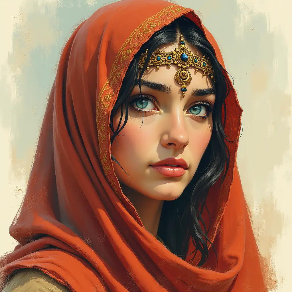 Pre Islamic Arab woman, Zarqaa Al Yamama', with her blue legendary eyes. Vintage sketch Painted style image.