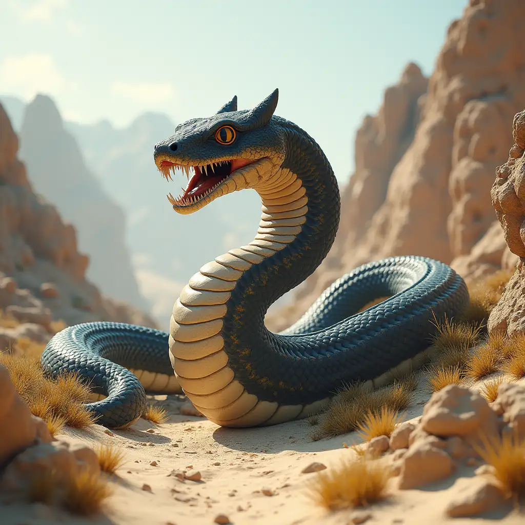 Create a hyperrealistic image of an armored giant snake with a cat's face, 10 meters long, with an open mouth and long teeth between mountains with sand, rocks and plants, focusing on the detail of parts and lighting.