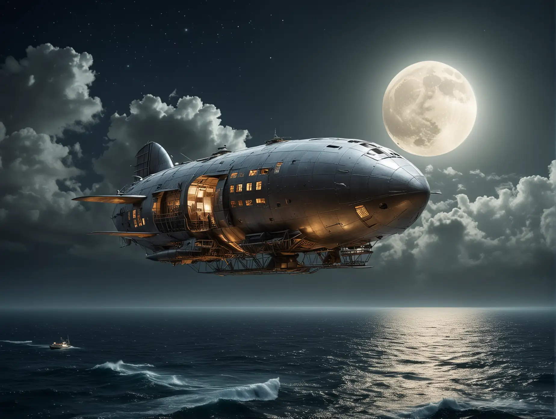 Sleek-Metal-Airship-Flying-Over-Tropical-Sea-at-Night-with-Full-Moon