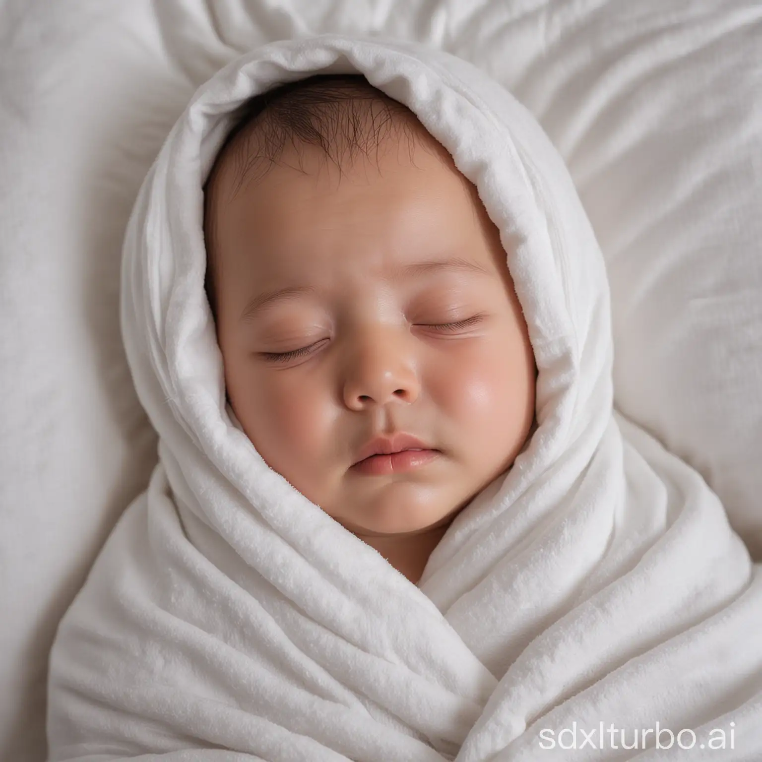 a baby boy, with double eyelids, sleeping, lying in a white blanket, only his head outside