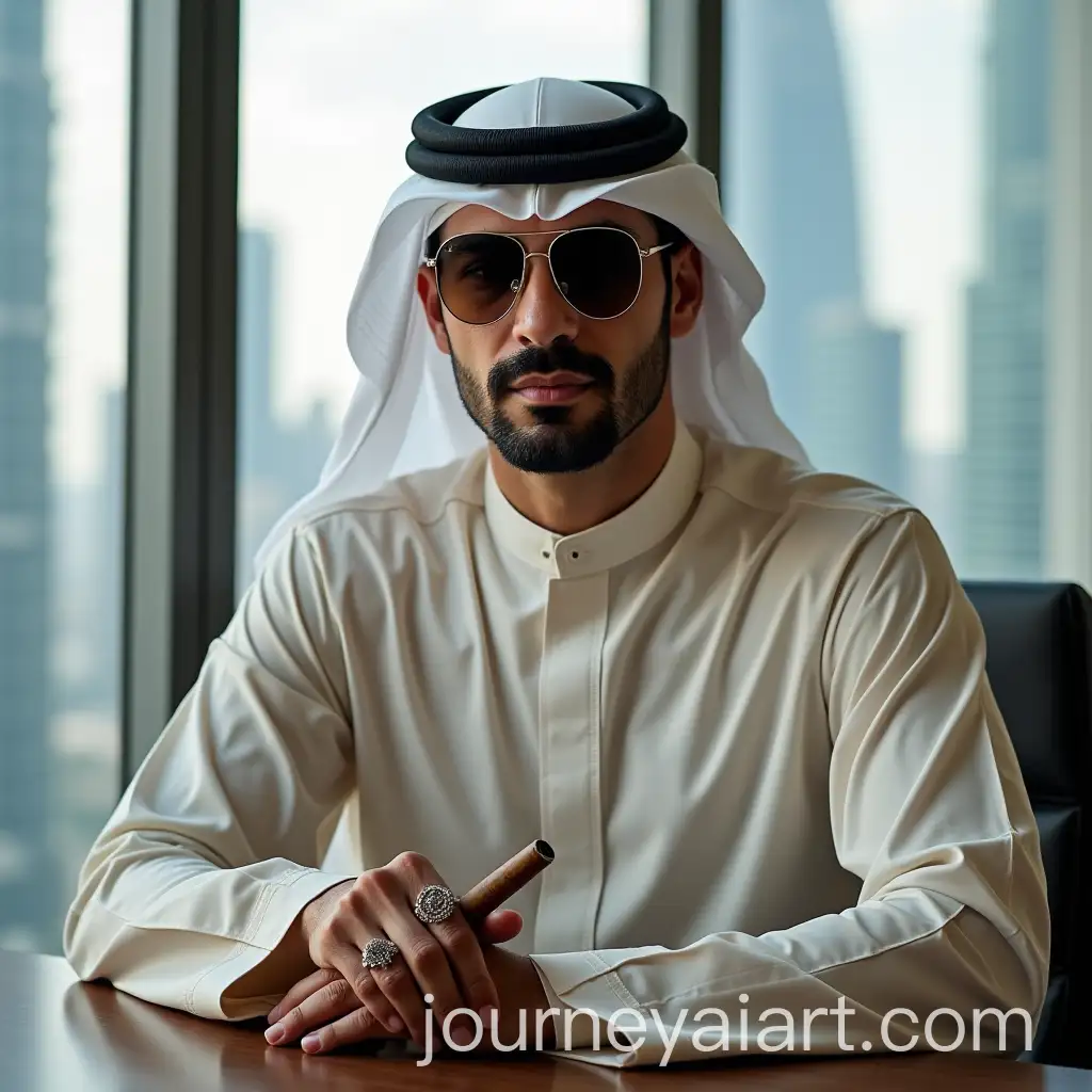 Handsome-Man-in-Gulf-Attire-with-Luxurious-Accessories-in-Office-Overlooking-Skyscrapers