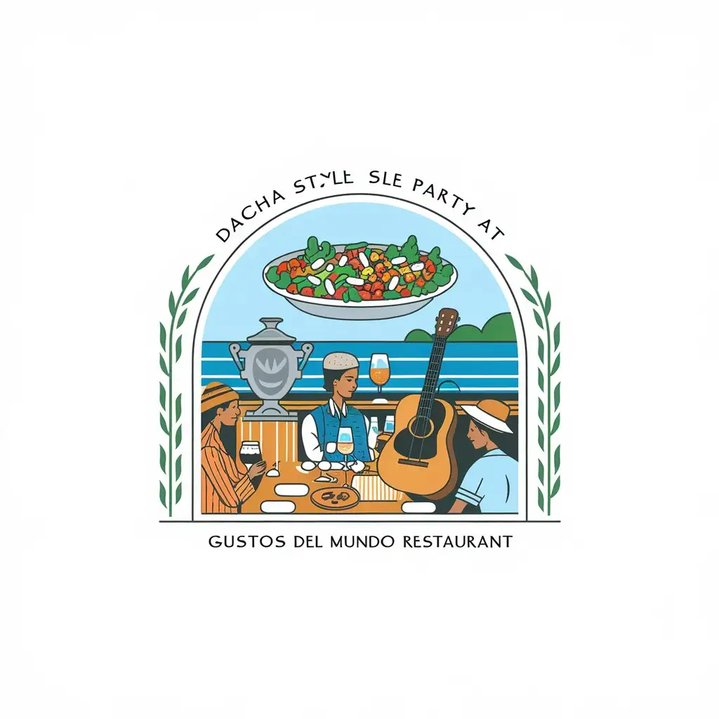 a vector logo design,with the text "Dacha Style Party at Gustos del Mundo restaurant", main symbol:Olivier salad, guitar, linen suit, people having dinner with a samovar, sea, embankment,Moderate,be used in A party in the style of country picnics with guitar in a warm country by the sea industry,clear background