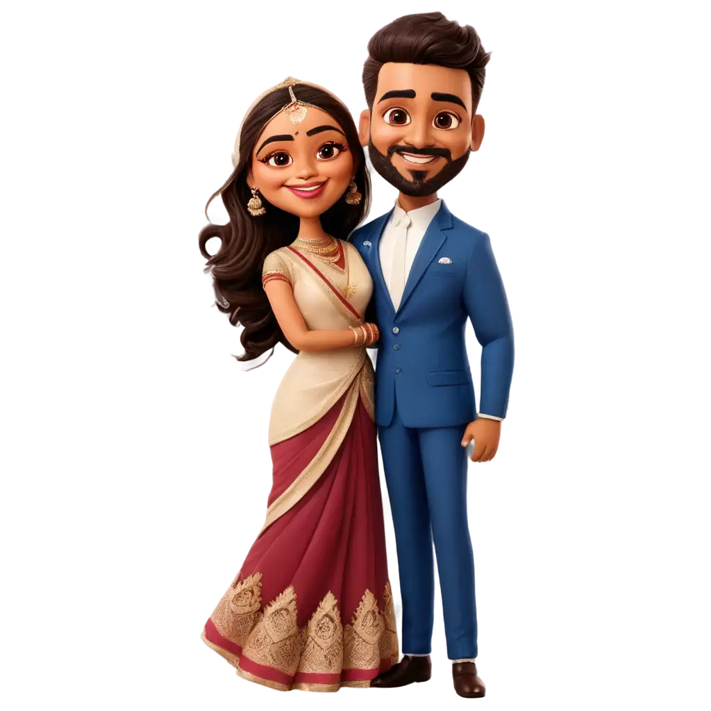 South-Indian-Wedding-Caricature-PNG-Maroon-Outfit-Chubby-Bride-in-Saree-and-Groom-in-Navy-Blue-Shirt