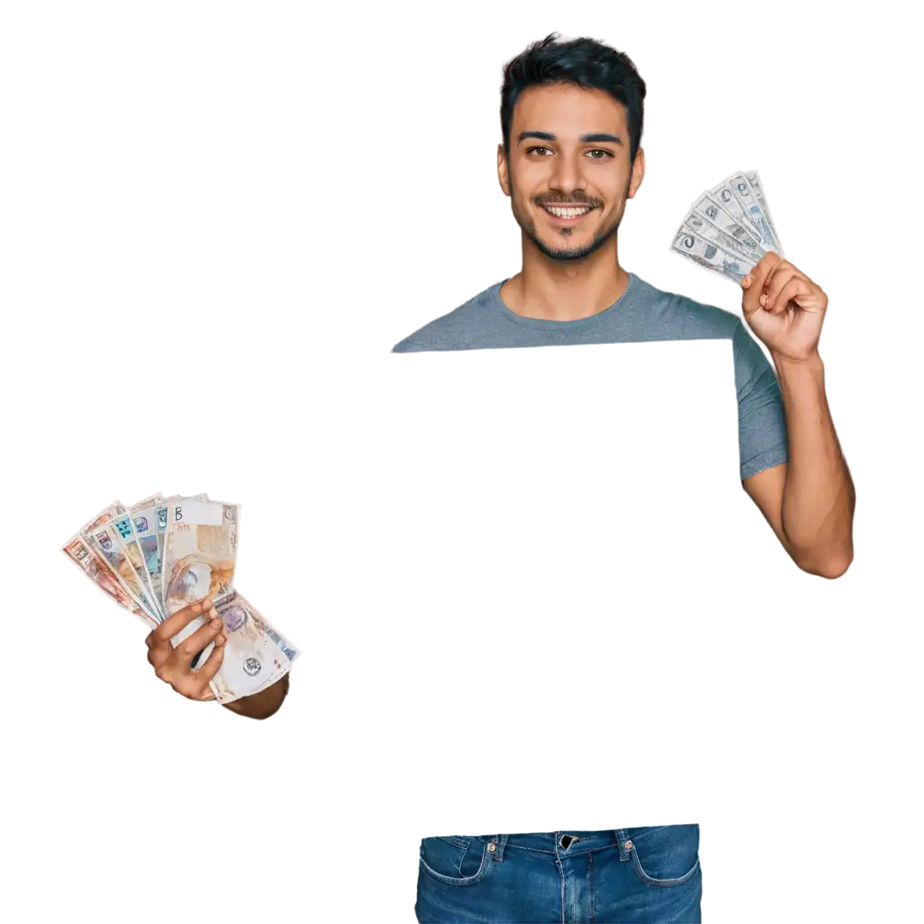 Smiling-Man-Holding-International-Currency-Notes-Pointing-to-Imaginary-Frame-PNG-Image