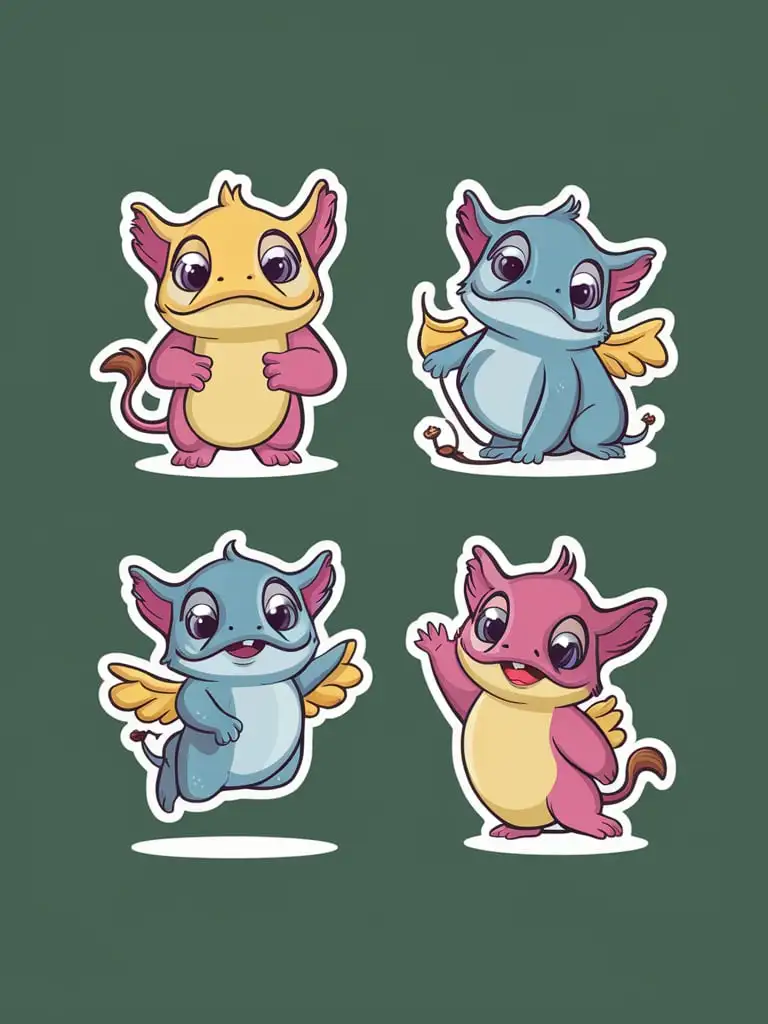 Colorful Fantasy Creature Character in Cartoon Sticker Style Performing 4 Poses