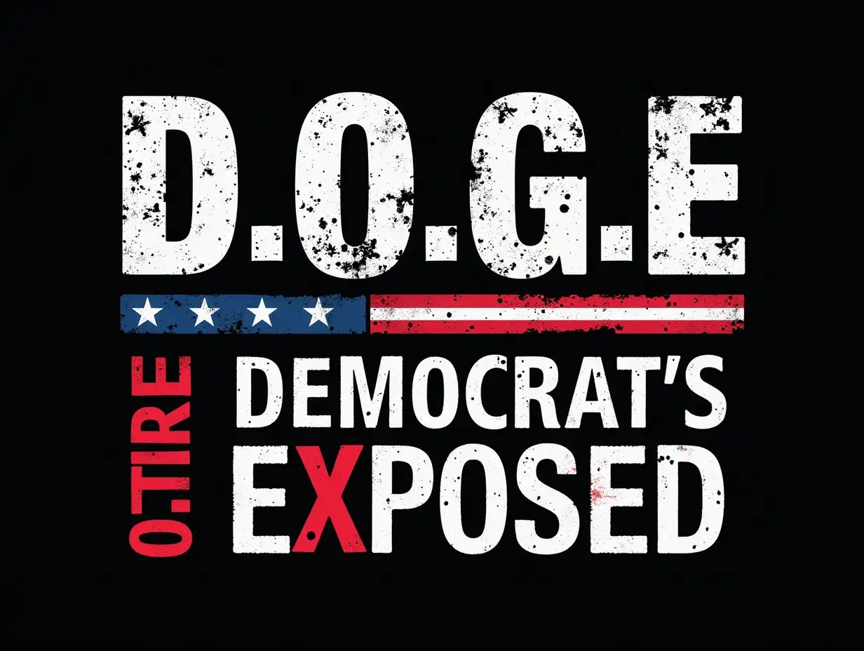 A bold and striking political-themed T-shirt design. The large, distressed white capital letters spell out 'D.O.G.E.' with a patriotic red, white, and blue stripe underneath. Below, the acronym is spelled out vertically in bold white text, with the first letters of each word ('D,' 'O,' 'G,' and 'E') highlighted in red. The words 'Democrats Officially Getting Exposed' are arranged in a structured layout, creating a powerful visual impact. The background is solid black, making the text stand out prominently. The design has a rugged, vintage, grunge-style texture to give it a worn, classic look. The overall theme is political, with a conservative, patriotic tone.