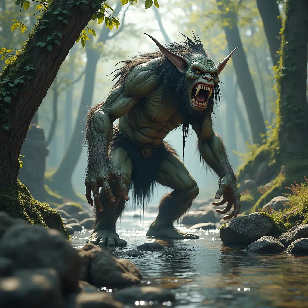 Ultra detailed hyperrealistic troll 20 meters high in a riverbed with rocks and thick branches with perfect attention to texture, surfaces and lighting, to give depth, dimension and a photorealistic appearance.