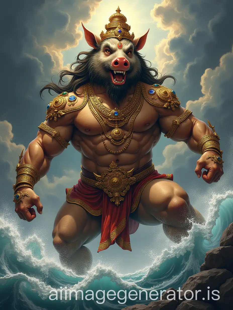 Powerful Hindu deity, Varaha Avatar, depicted in vibrant, detailed illustration.  Massive, muscular figure with a boar-like head, fierce expression, and roaring mouth, showcasing intricate gold and jewel-toned armor.  Ornate crown, necklaces, and bracelets adorn the figure, detailed with intricate patterns.  The deity is poised with a powerful stance, poised amidst tumultuous waves creating a majestic dynamic composition.  The background is rich, textured, filled with swirling clouds, representing an epic scene.  Warm, rich golden and bronze tones contrast with cooler blues and grays in the background.  Highly detailed depictions of textures are noticeable on armor, garments, and hair.  Indian mythological style, epic grandeur.  Dramatic lighting highlights the figure's powerful form.  Eye-catching, detailed illustration emphasizing grandeur and power.  Figurative art.