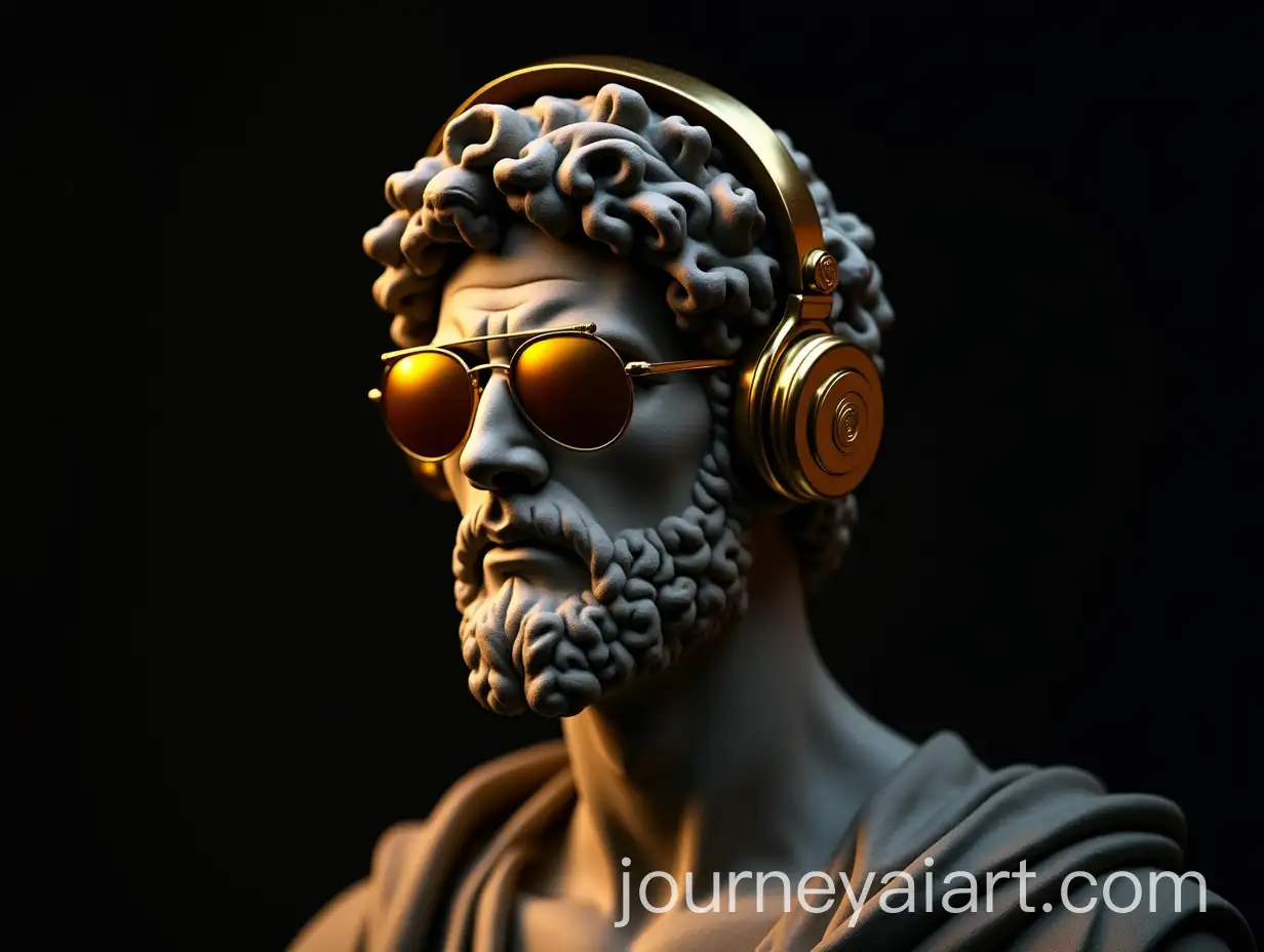Marcus-Aurelius-Statue-with-Gold-Headphones-and-Tattoos-in-Urban-Street-Style