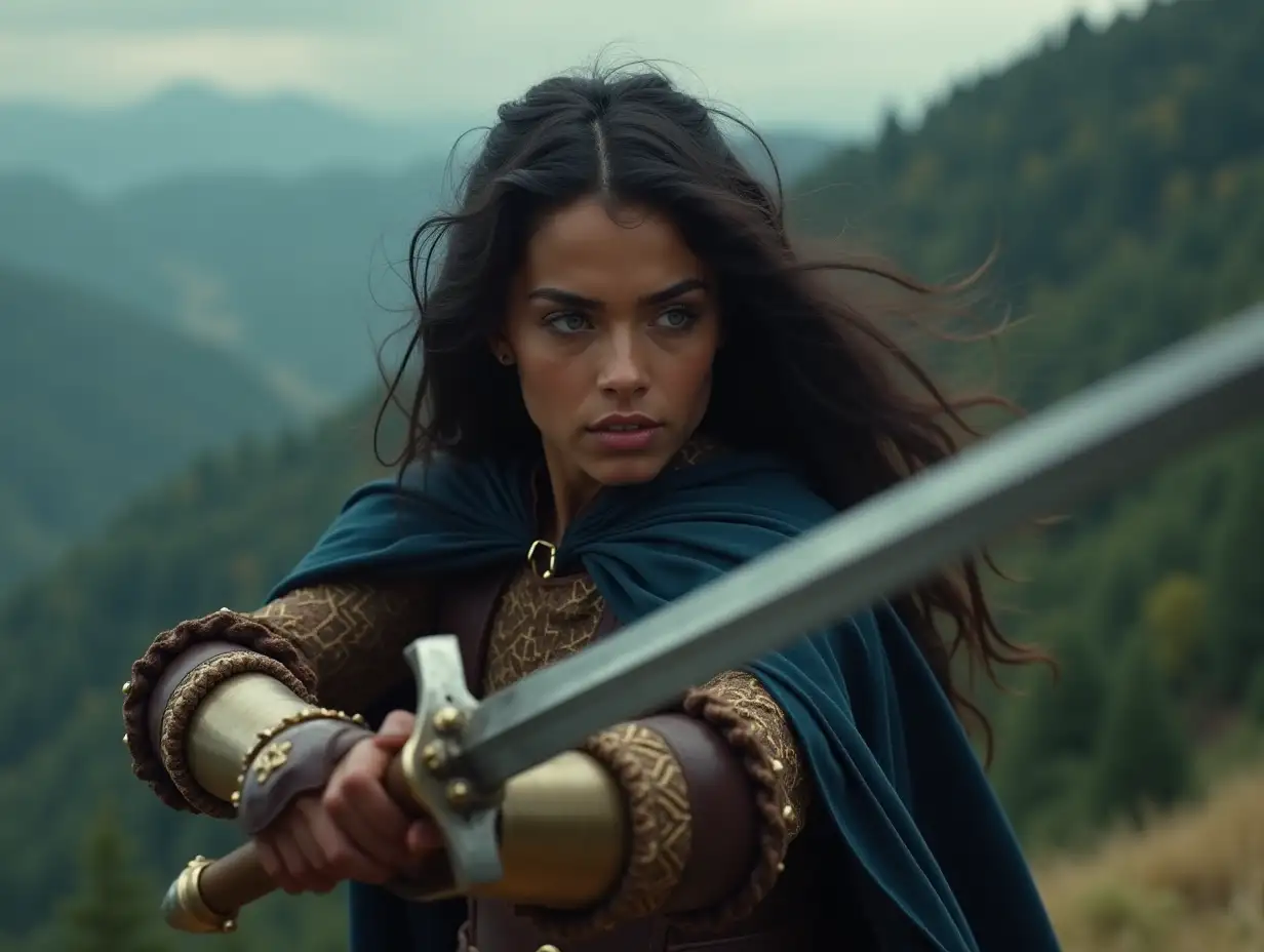 Cinematic shot of 15th-century film photography highly detailed scene in 16K resolution of Gina a 25-year-old Latin brave, Fearsly warrior, with very full long black wavy hair, deep blue eyes, light brown-skinned, wearing a 15th-century earth-tones leather brown and gold warrior outfit with a dark blue cape, standing on top off the high rocky forest mountain holding a powerful sleek, glossy sword. She trains fiercely with the double-edged sword, sweat glistening on her brow, motion shot of hair movements with the wind and training sword with facial intensity expression, cinematic lighting.