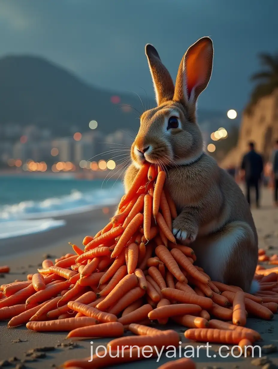 Giant-Rabbit-Conquering-Carrot-Mountain-on-a-Beach-at-Dusk