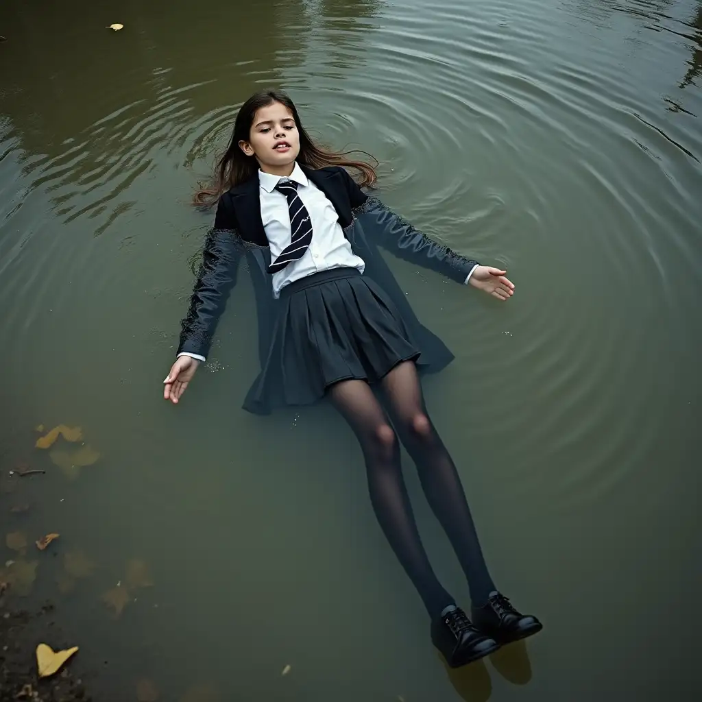 A young schoolgirl in a school uniform, in a skirt, jacket, blouse, dark tights, high-heeled shoes. She is swimming in a dirty pond, lying under water, all her clothes are completely wet, wet clothes stick to her body, the whole body is under water, submerged in water, under the surface of the water, below the water's edge.