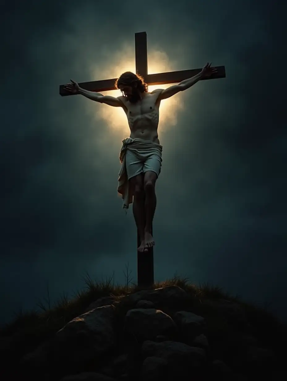 Jesus-on-the-Cross-in-Golgotha-with-Heavenly-Glow-and-Dark-Atmosphere