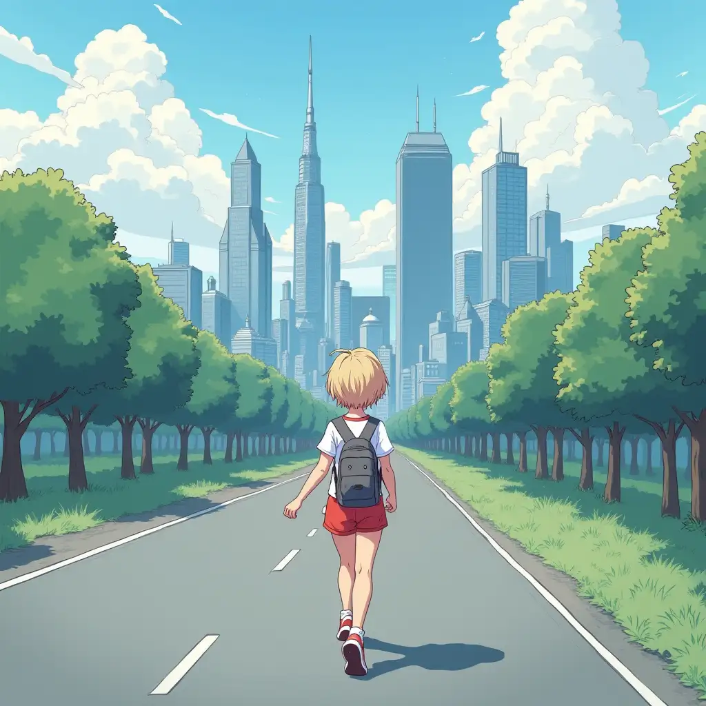 a girl with light short hair in a sport suit goes along the road behind her is a city