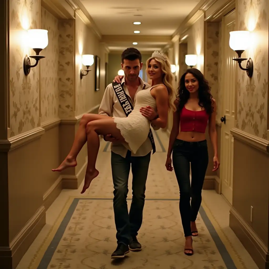 A photo of a night scene in an elegant hotel hallway. The beige carpet has subtle geometric patterns in gray and gold. The walls are lined with light wood paneling and floral-patterned wallpaper. Wall sconces cast a soft, warm glow. Diego is walking through the hallway, casually dressed in jeans and a loose shirt, confidently carrying Emma in his arms. Emma is wearing a short white lace dress, a tiara with a veil, and a sash reading 'Bride to Be'. Her blonde hair cascades down, and her legs dangle loosely from Diego's arms. Valeria is a few steps behind, dressed casually in a tight red top and black jeans, with dark curly hair framing her confident face and a playful smirk.