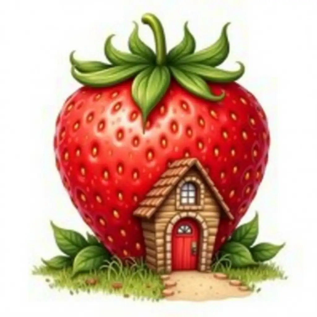 Whimsical-Strawberry-House-with-Red-Door-and-Green-Leaves