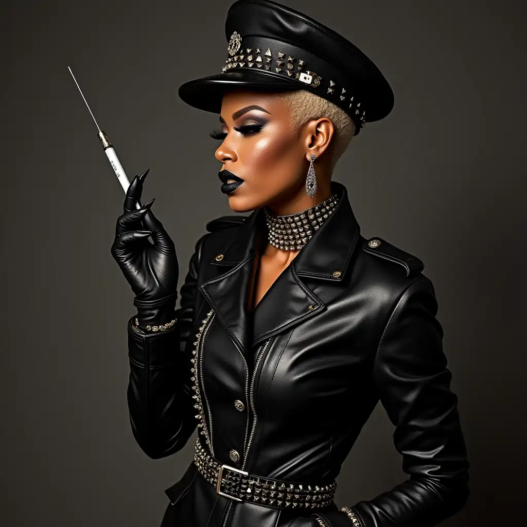 Dark-African-Drag-Queen-Cynthia-Erivo-in-Black-Studded-Leather-Outfit-with-Injection-Needle