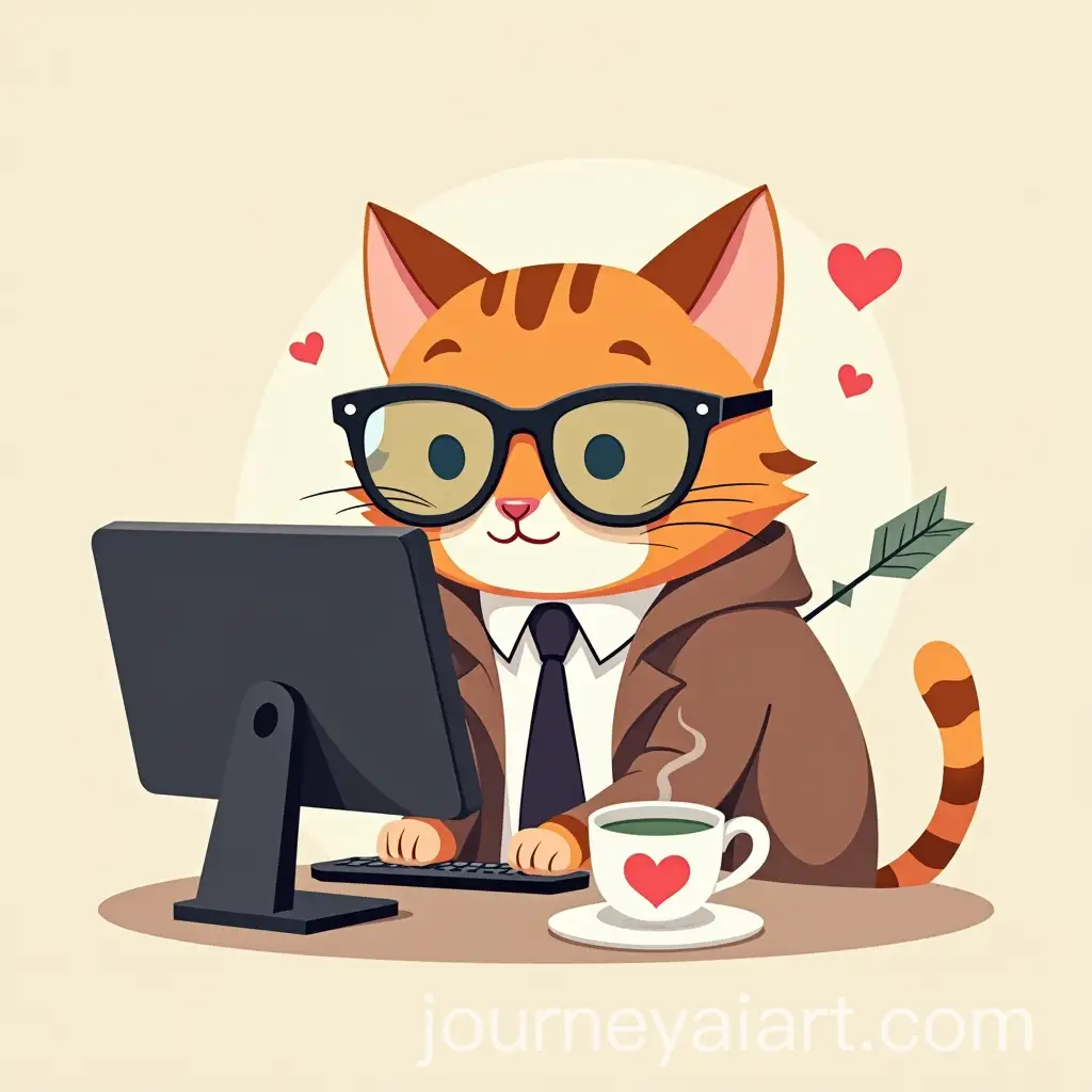 Detective-Cat-Working-on-Computer-with-Tea-and-Cupid-Arrow-for-Private-Matchmaking
