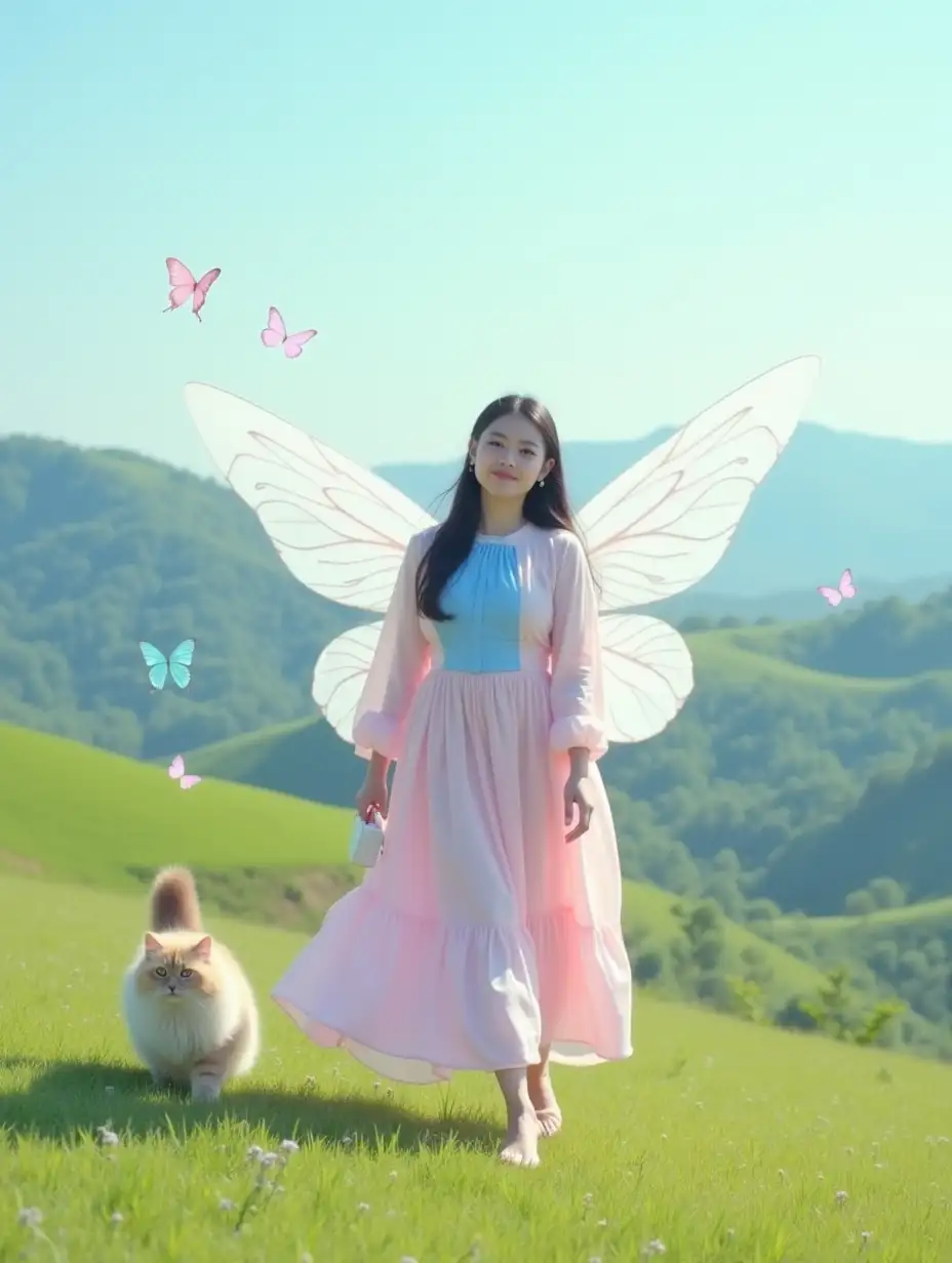 Indonesian-Woman-with-Fairy-Wings-and-Persian-Cat-Walking-on-Grassy-Hill