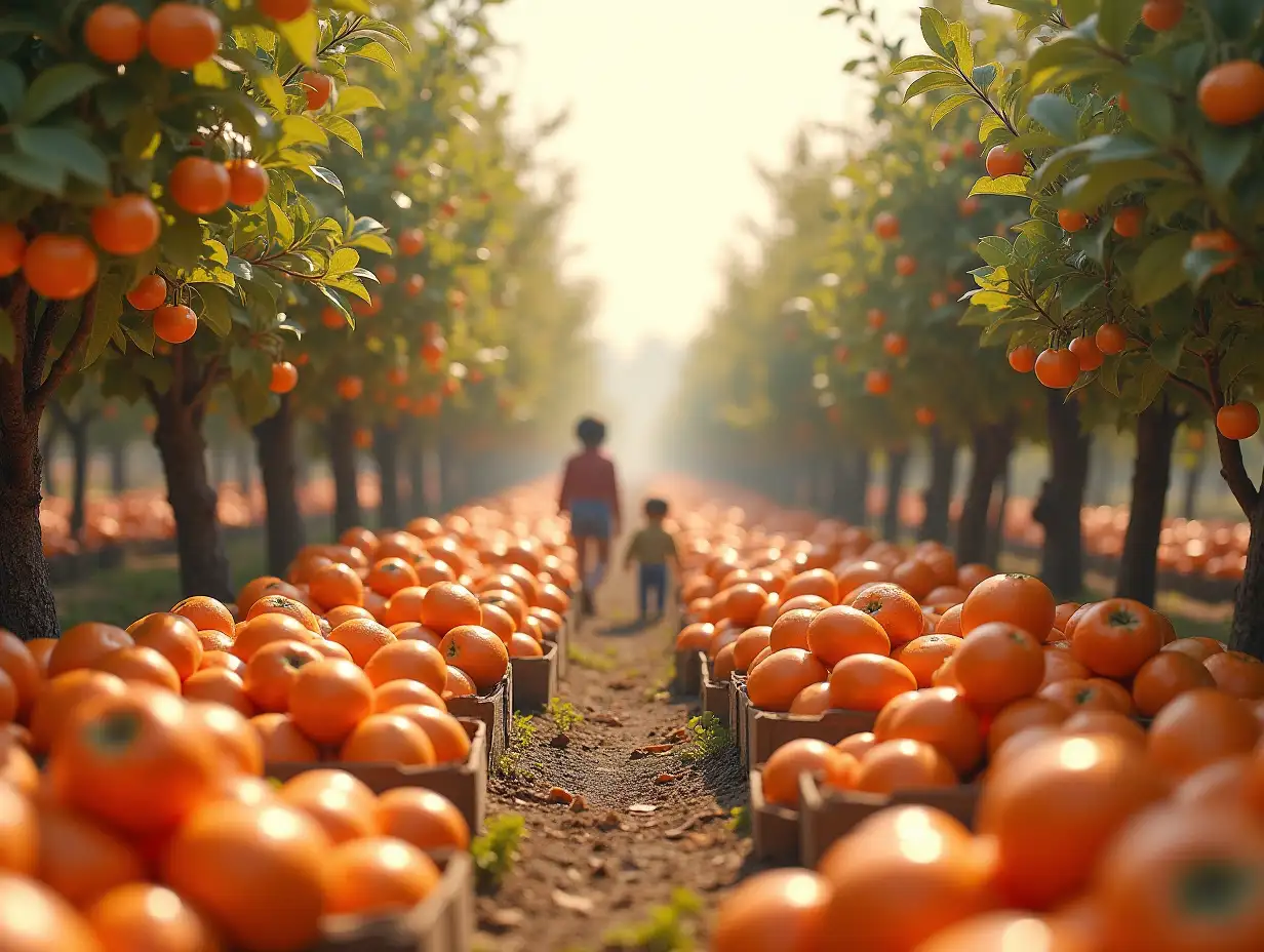 A beautiful small village with a persimmon plantation with tiny people with boxes full of persimmons Quite large-real photo Triple exposure Concept of something Beautiful Photo