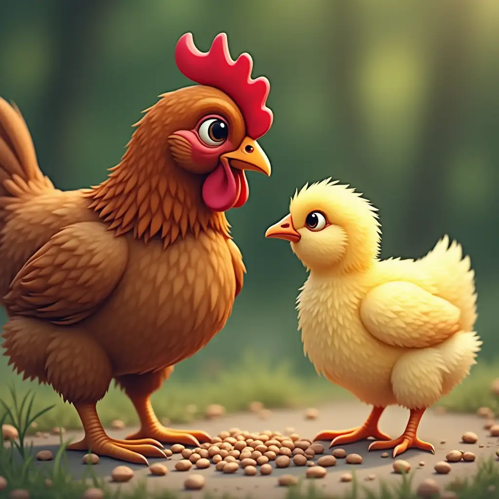 A brown hen with a yellow chick started eating seeds.