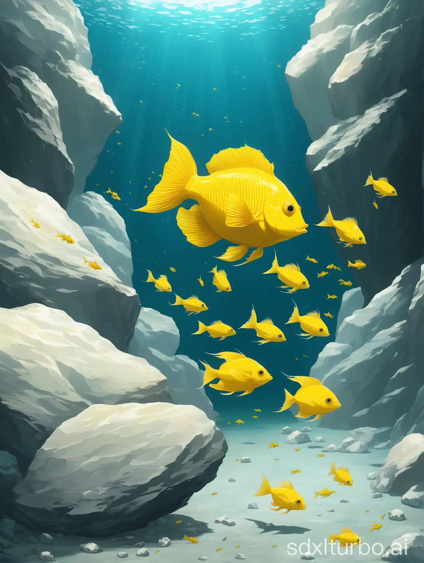 Yellow-Fish-Swimming-Around-Pale-Rocks