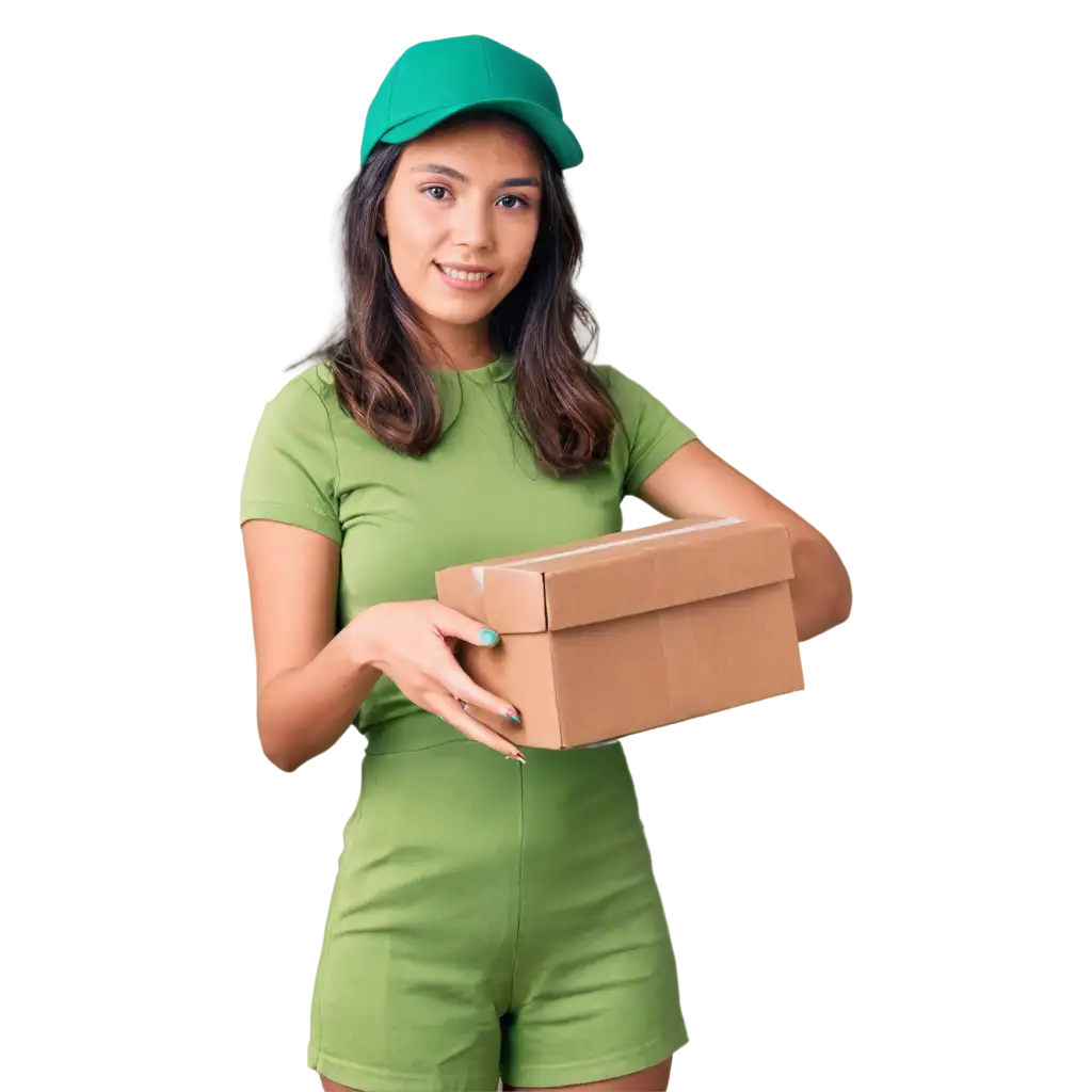 Beautiful-Girl-in-Green-Clothing-Holding-a-Box-of-Parcels-PNG-Image