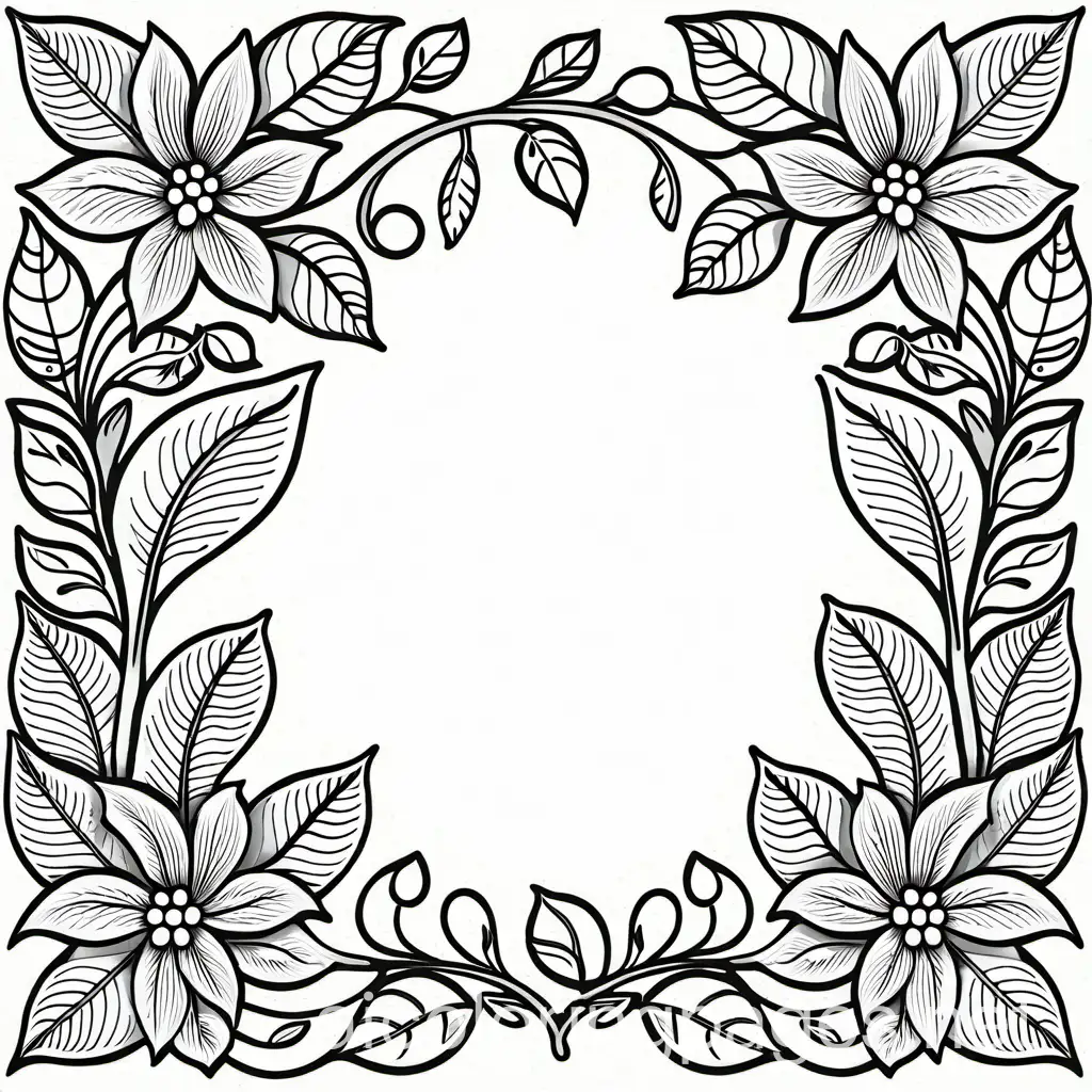 Line-Art-Coloring-Page-of-Leaves-and-Flowers-on-White-Background