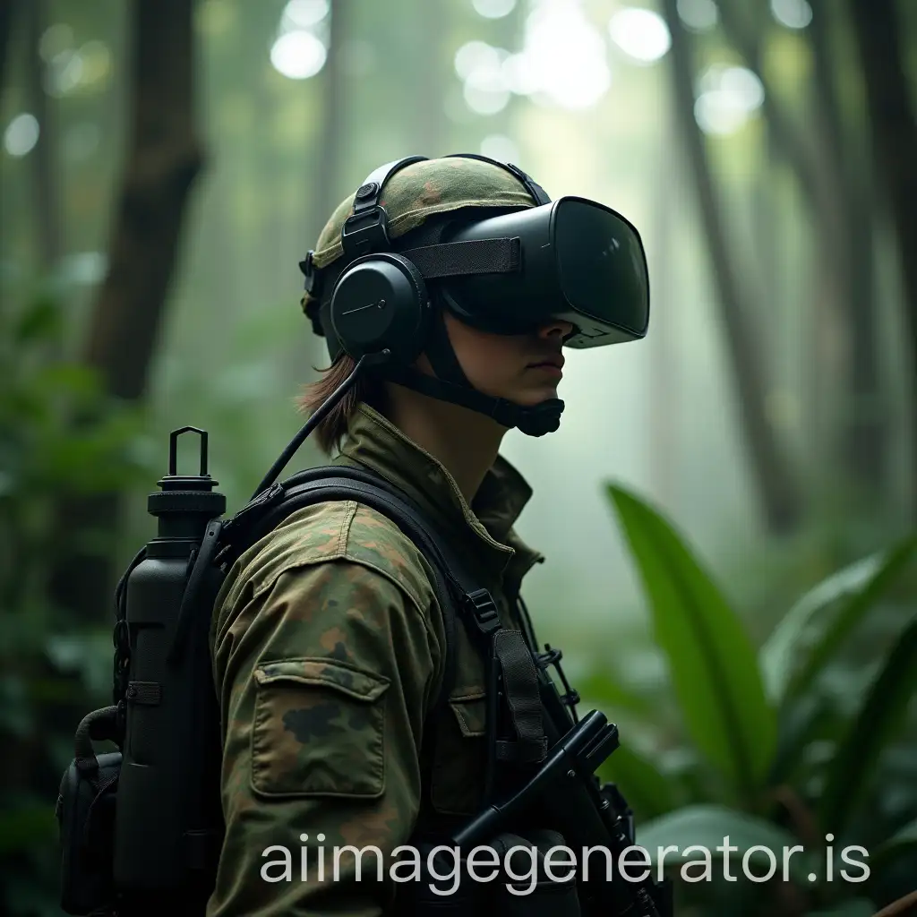 soldier in amazonian jungle with a vr helmet