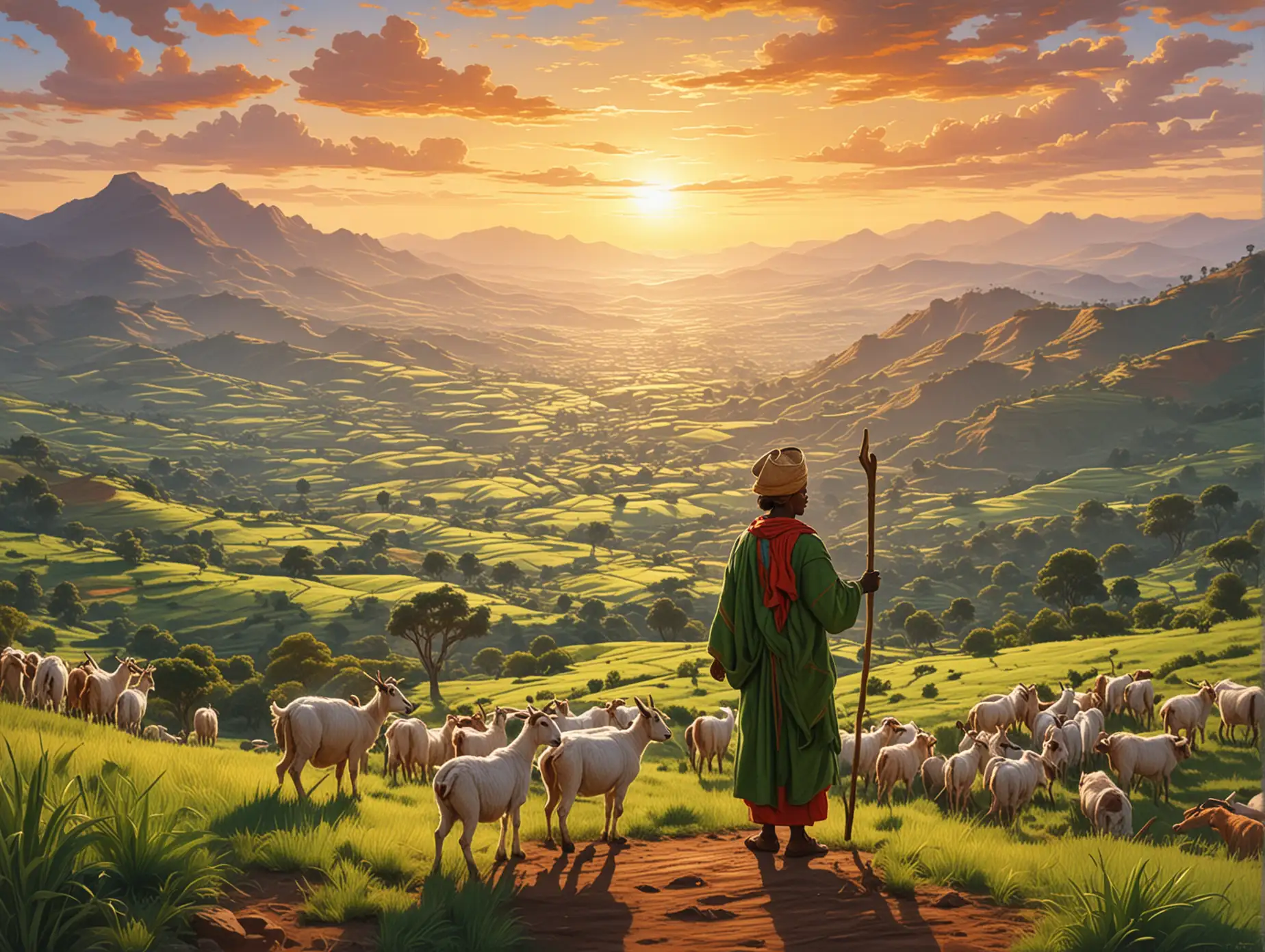 Young-Goat-Herder-in-Traditional-Ethiopian-Clothing-Overlooking-Rolling-Green-Hills-at-Sunrise