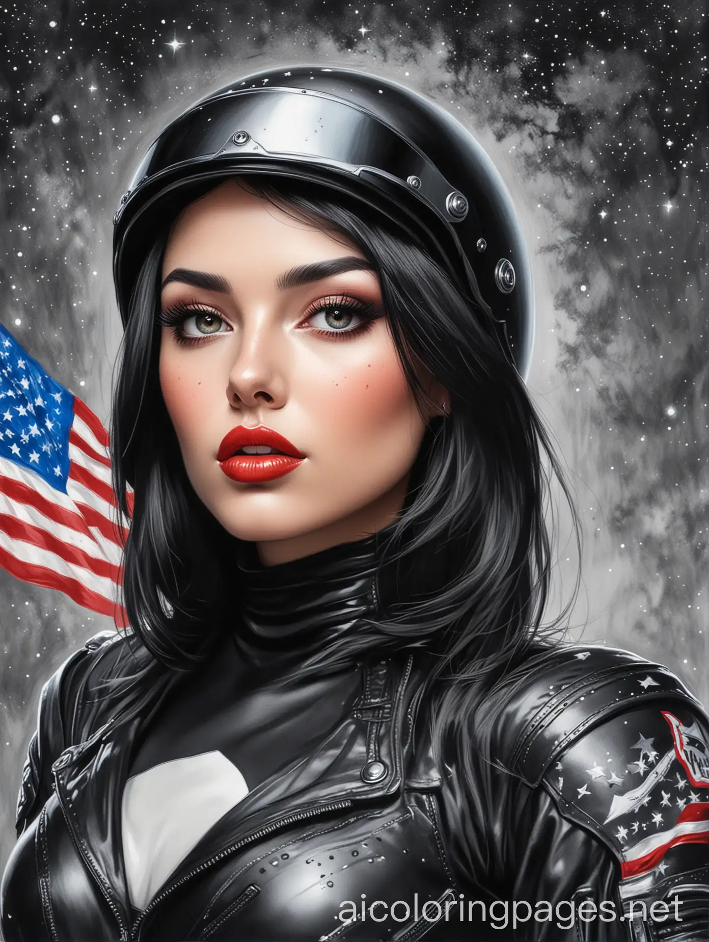 Diva-with-Red-Lips-and-American-Flag-Motorcycle-Helmets-Pointing-in-Milky-Way-Background