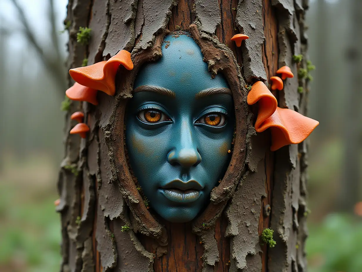 Face with blue Fly AgaricnRoots turned into building