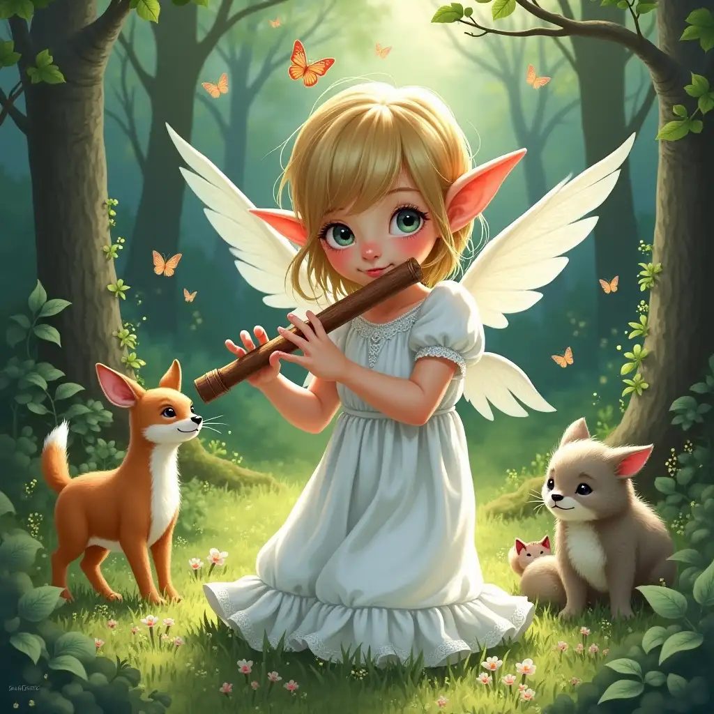 Young girl, elf ears, forest, plays flute, animals watch, charmed, white dress, winged shoulders, butterflies, sparkling magical points, fantasy background, watercolor style, intricate detail, vivid colors, whimsy mixed with enchantment, high-quality, digital painting