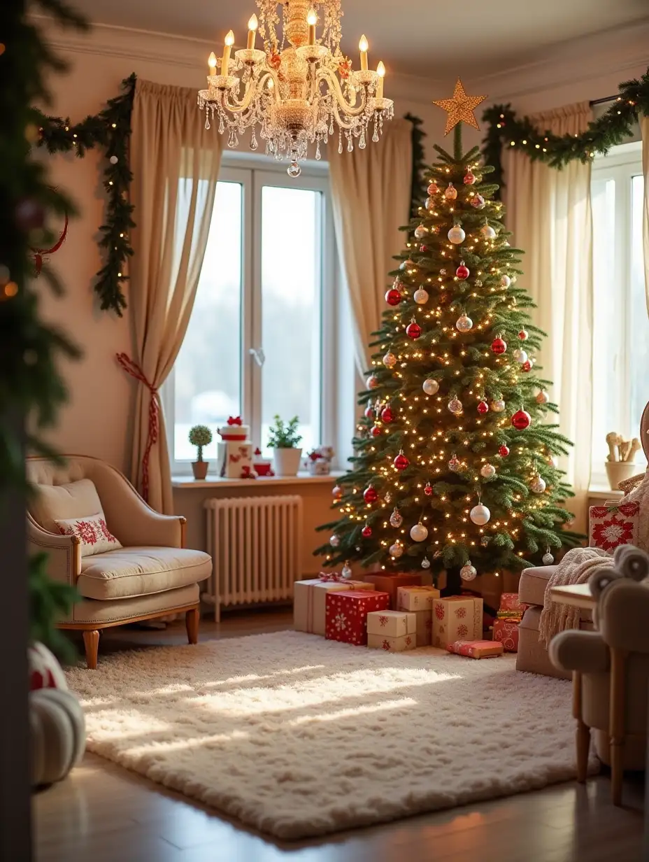 cozy room, crystal chandelier, beige fluffy carpet on light laminate, Christmas tree, garlands, streamers, confetti