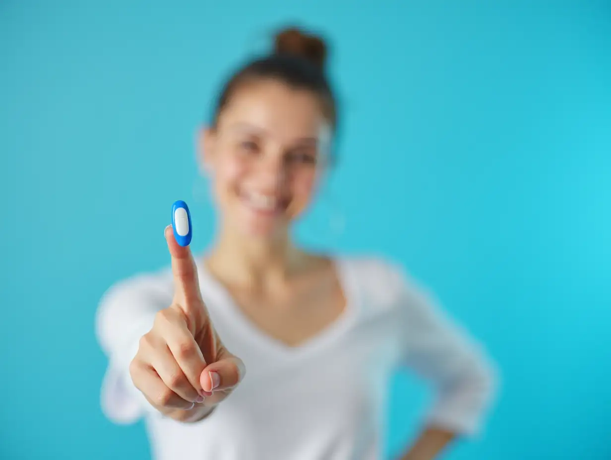 Young-Woman-Pointing-at-Hearing-Aid-on-Blue-Background