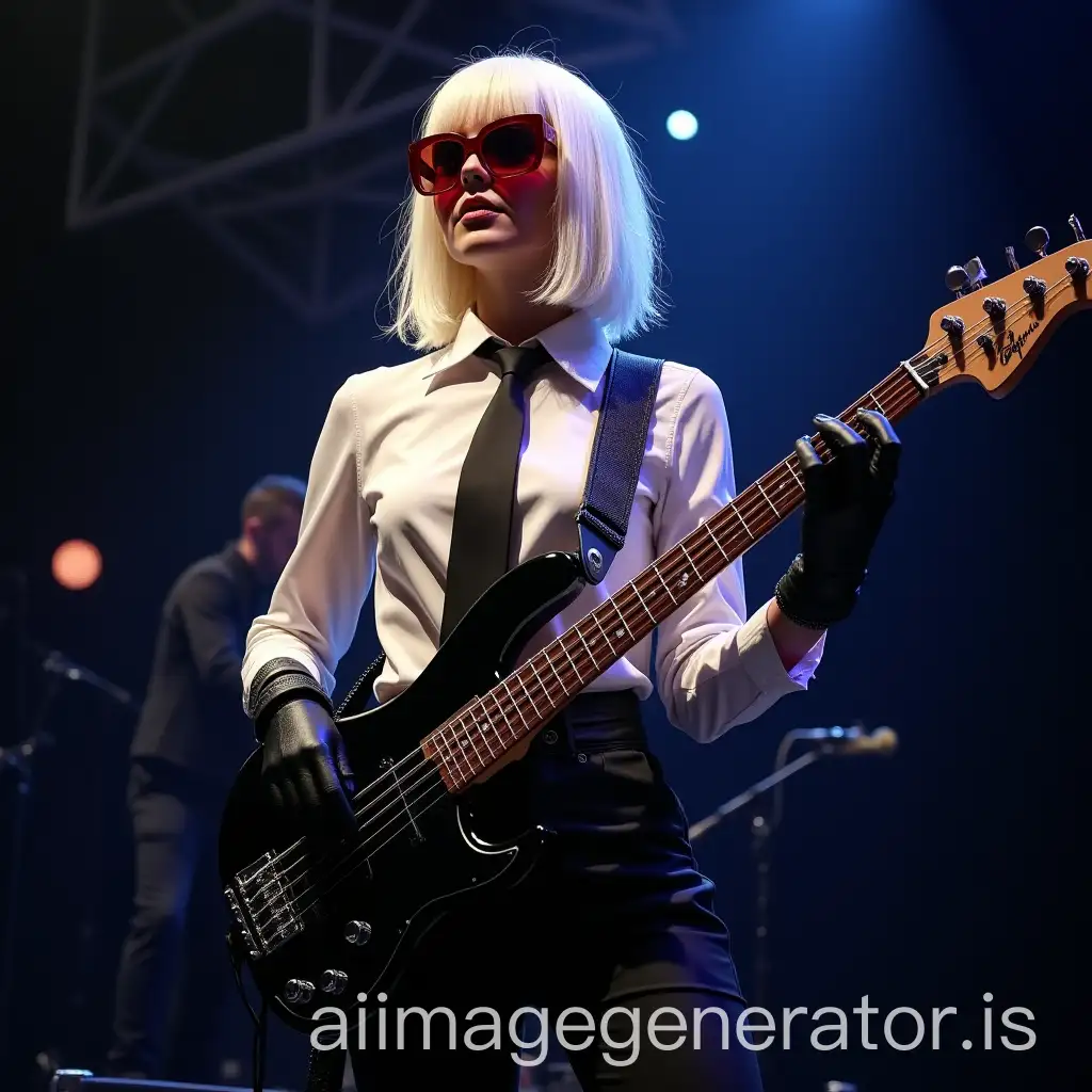 A stylish and edgy woman bassist performing on stage under dramatic lighting. She has shoulder-length white-blonde hair, wearing dark red sunglasses, a white dress shirt, a black tie, and black leather gloves, exuding a cool and mysterious vibe. They are holding a sleek black bass guitar and standing confidently in a modern concert venue. The background features dim lighting and faintly visible equipment, enhancing the focus on the musician's charismatic and rebellious appearance.